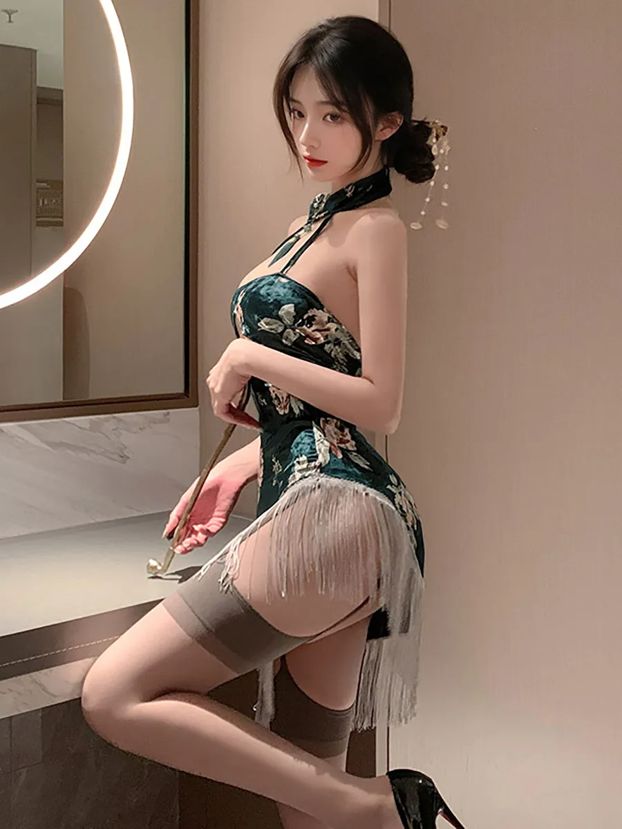 Asymmetrical Tassel Velvet Cheongsam