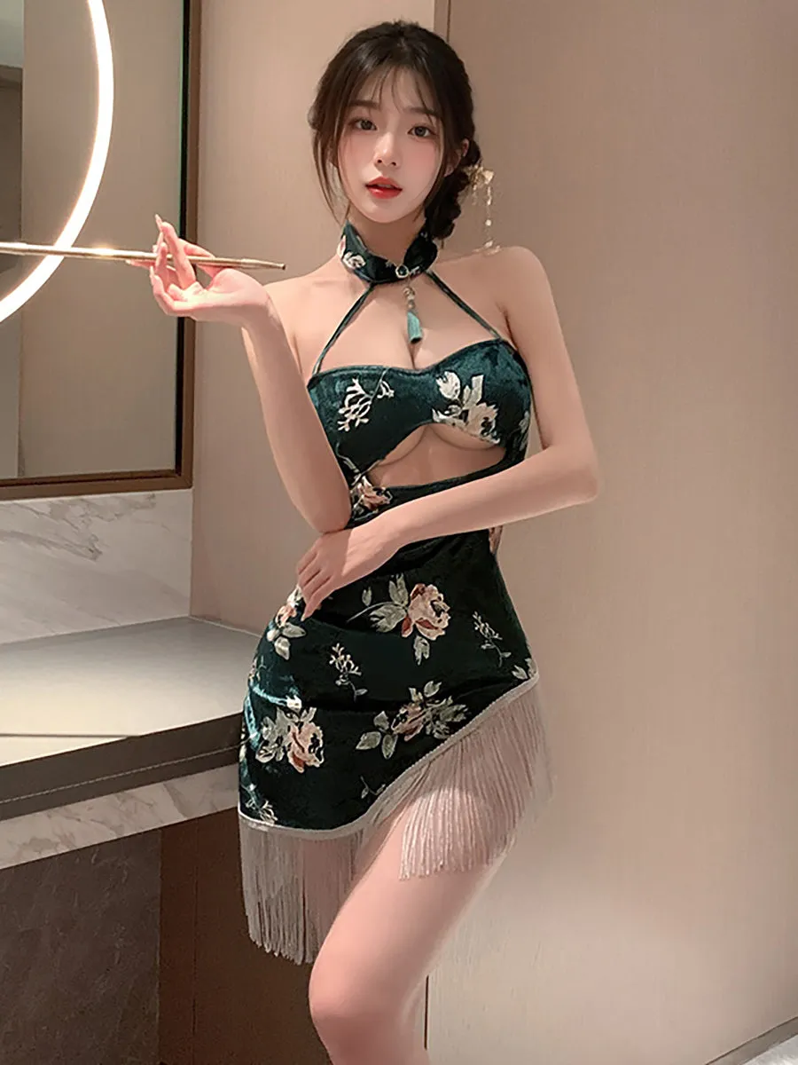 Asymmetrical Tassel Velvet Cheongsam
