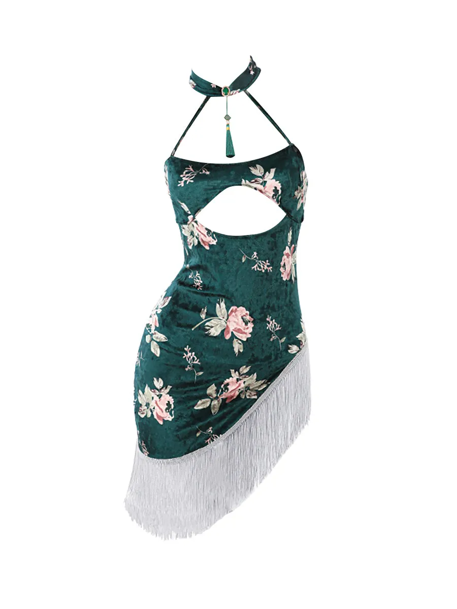 Asymmetrical Tassel Velvet Cheongsam