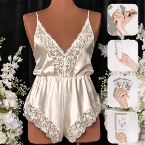 Bridal Bundle: Lacy Plunge Satin Romper - Pearl