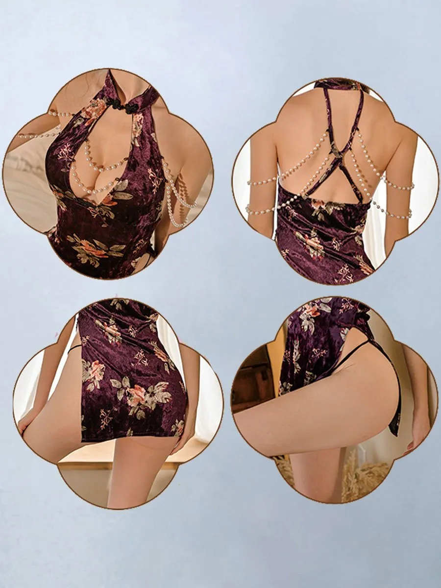 Draping Pearl Floral Cheongsam Dress