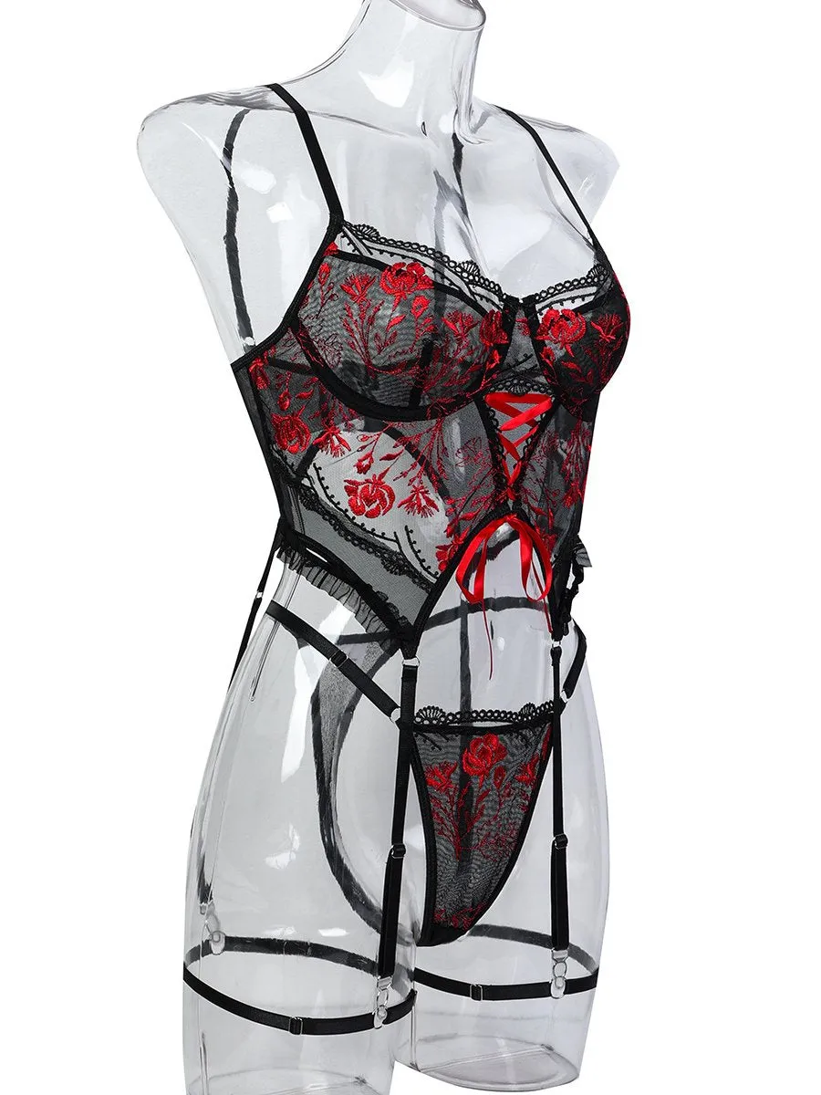 Embroidery Floral Longline Bra Set