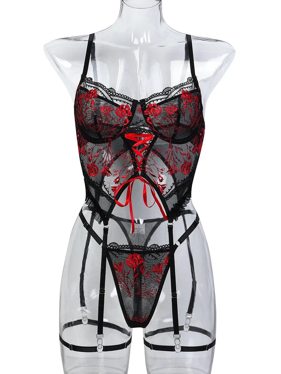 Embroidery Floral Longline Bra Set