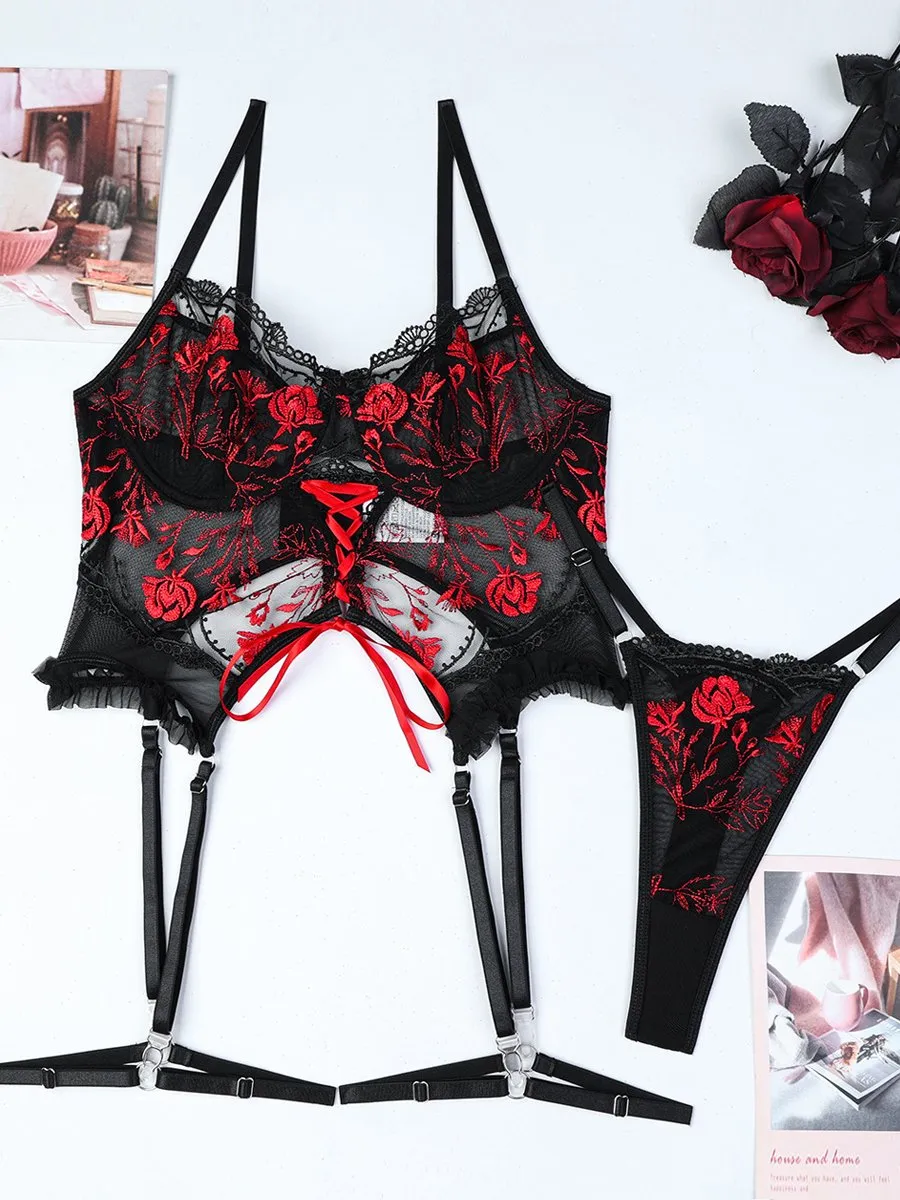 Embroidery Floral Longline Bra Set