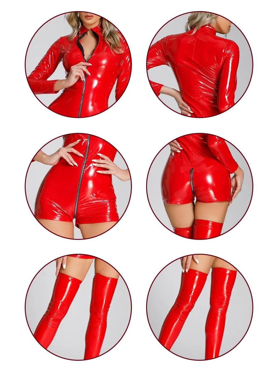 Faux Leather Zipper Up Romper