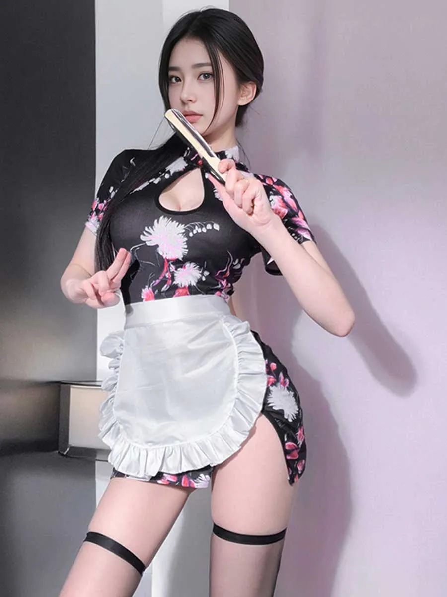 Floral Cheongsam Dress W/ Maid Apron