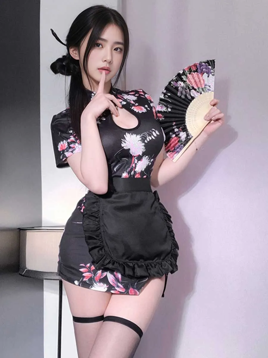 Floral Cheongsam Dress W/ Maid Apron