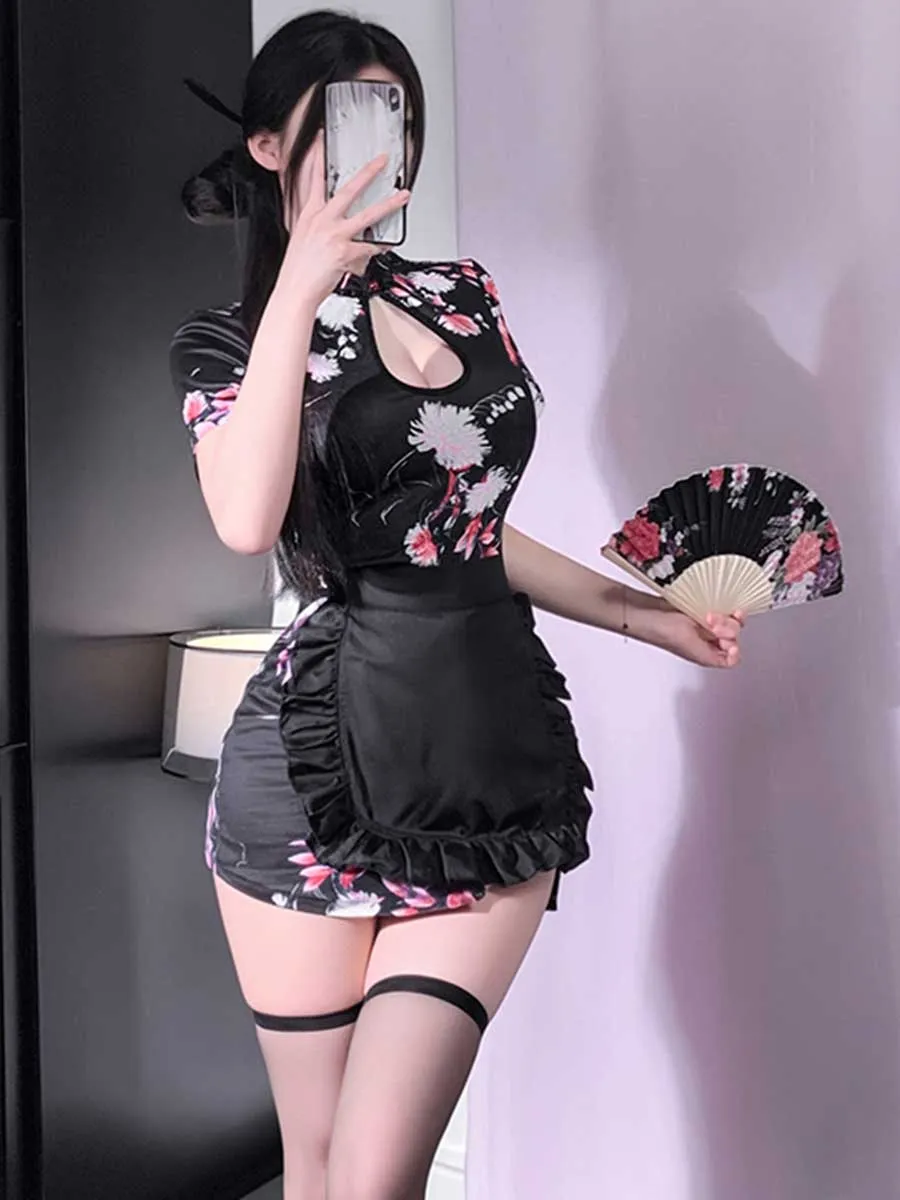 Floral Cheongsam Dress W/ Maid Apron