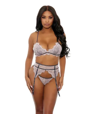 Floral Lace Bra. Cage Garter Belt & G-string Dusty Pink