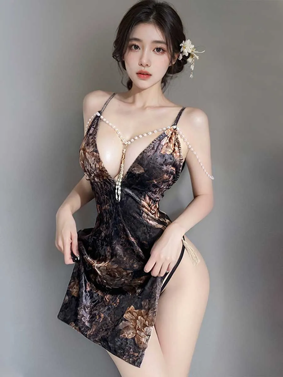 Floral Velvet Cheongsam Dress