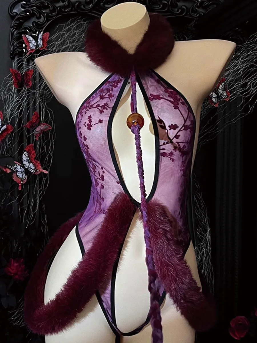 Furry Neck Lace Crotchless Teddy