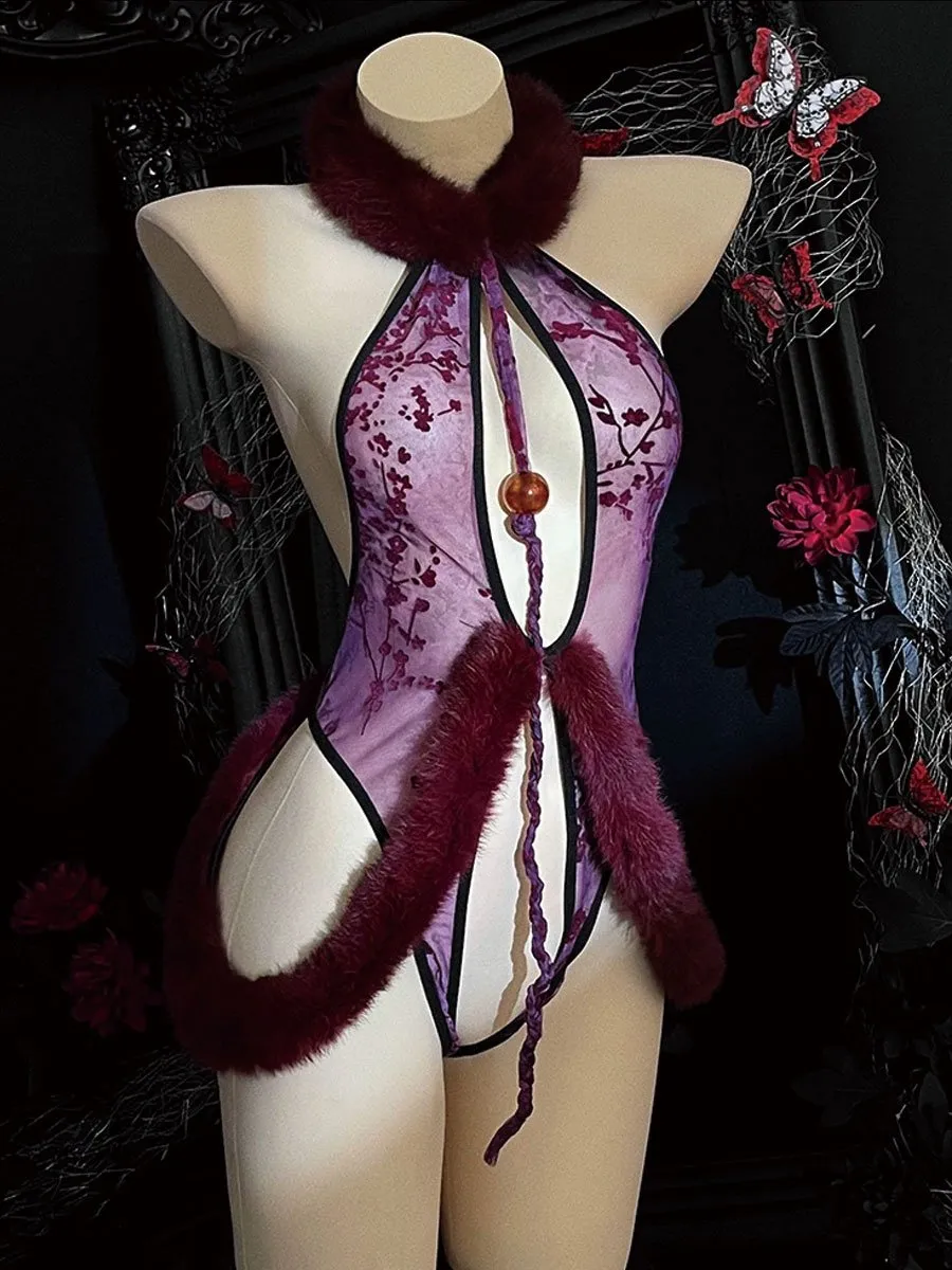 Furry Neck Lace Crotchless Teddy