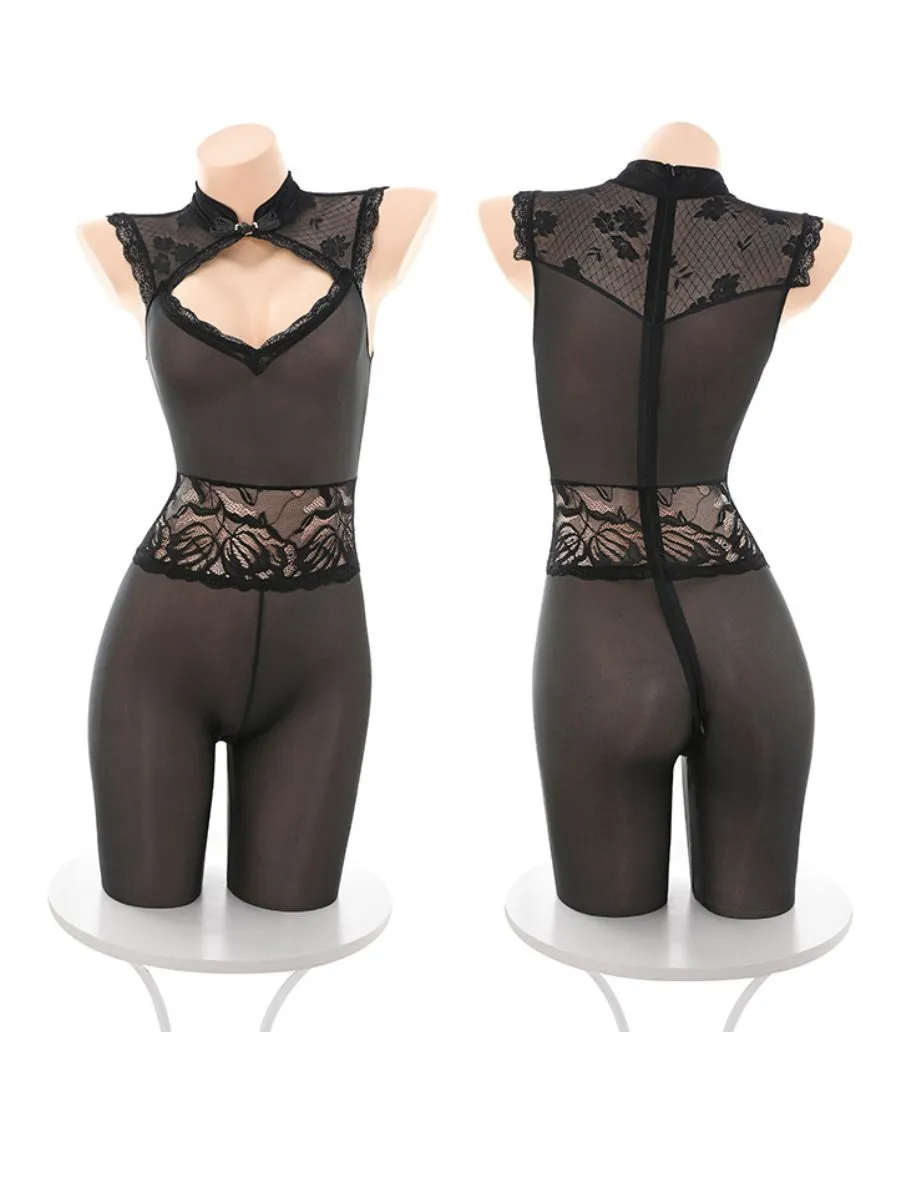 Lace Cheongsam Zipper Crotch Bodystocking