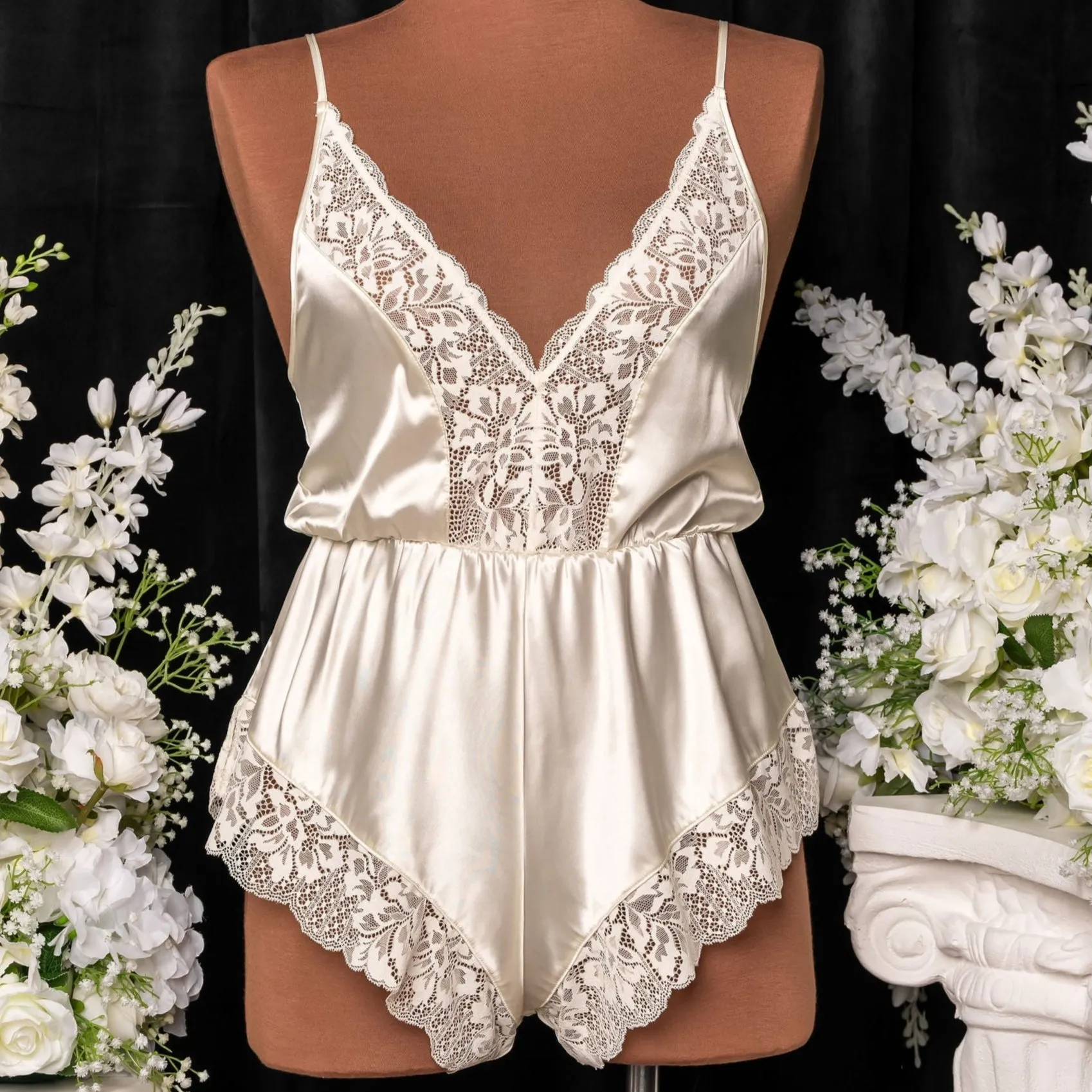Lacy Plunge Satin Romper - Pearl