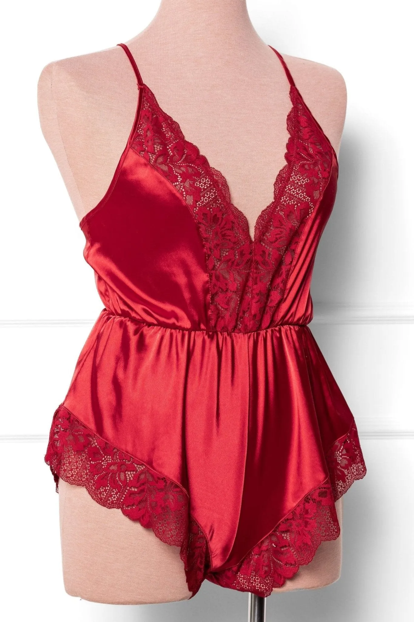 Lacy Plunge Satin Romper - Red