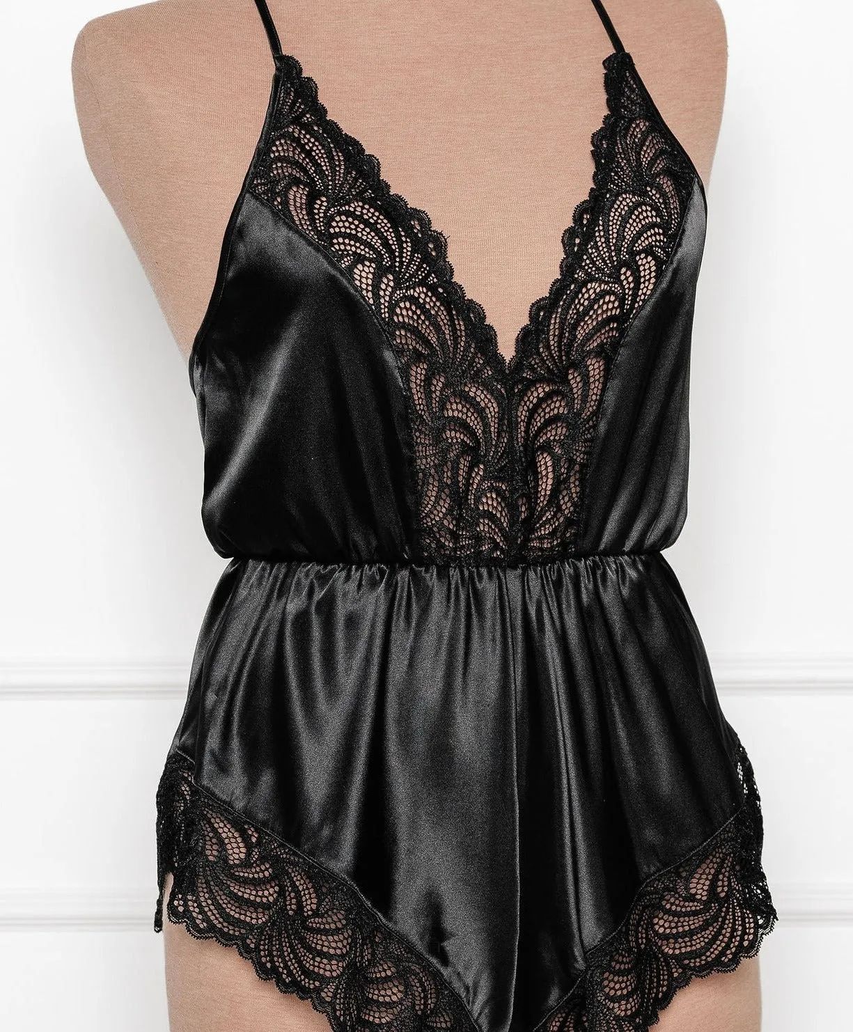 Lacy Plunge Satin Scalloped Romper - Black