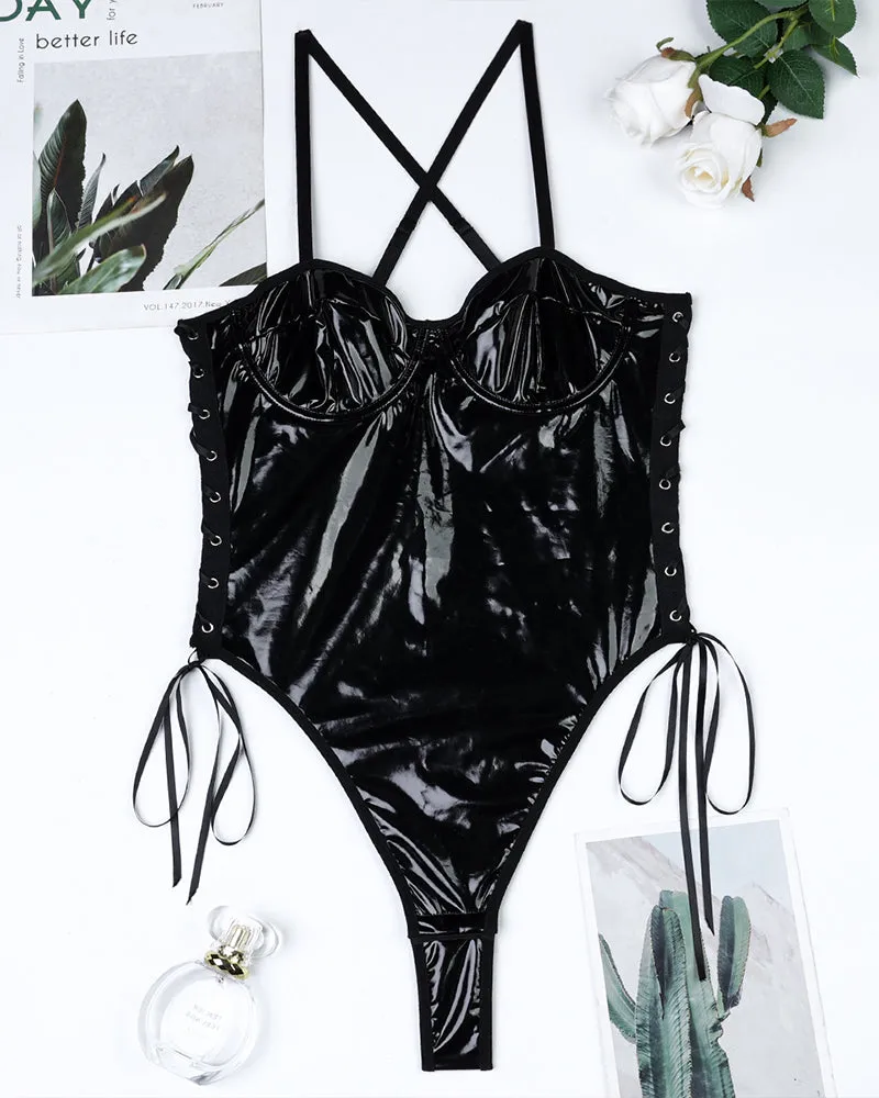 Leather Lace-Up Camisole Bodysuit