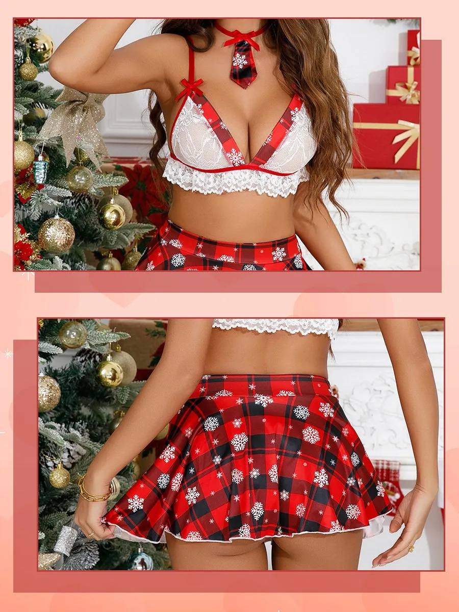 Mrs Clause Lace Bra and Plaid Skirt