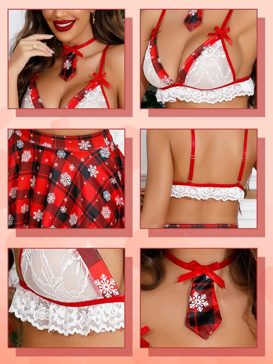 Mrs Clause Lace Bra and Plaid Skirt