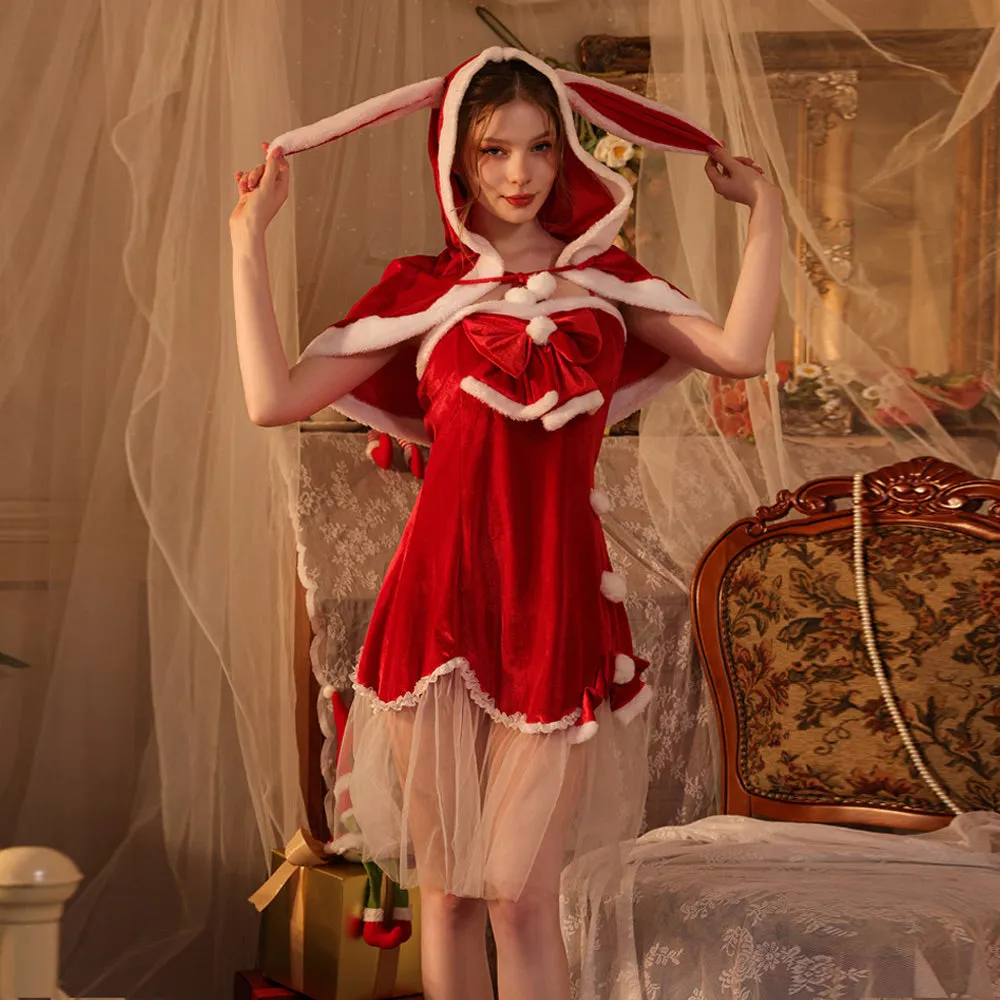 Naughty Elf Christmas Costume Santa Claus Cosplay Outfit Red Velvet Babydoll Dress and Cape