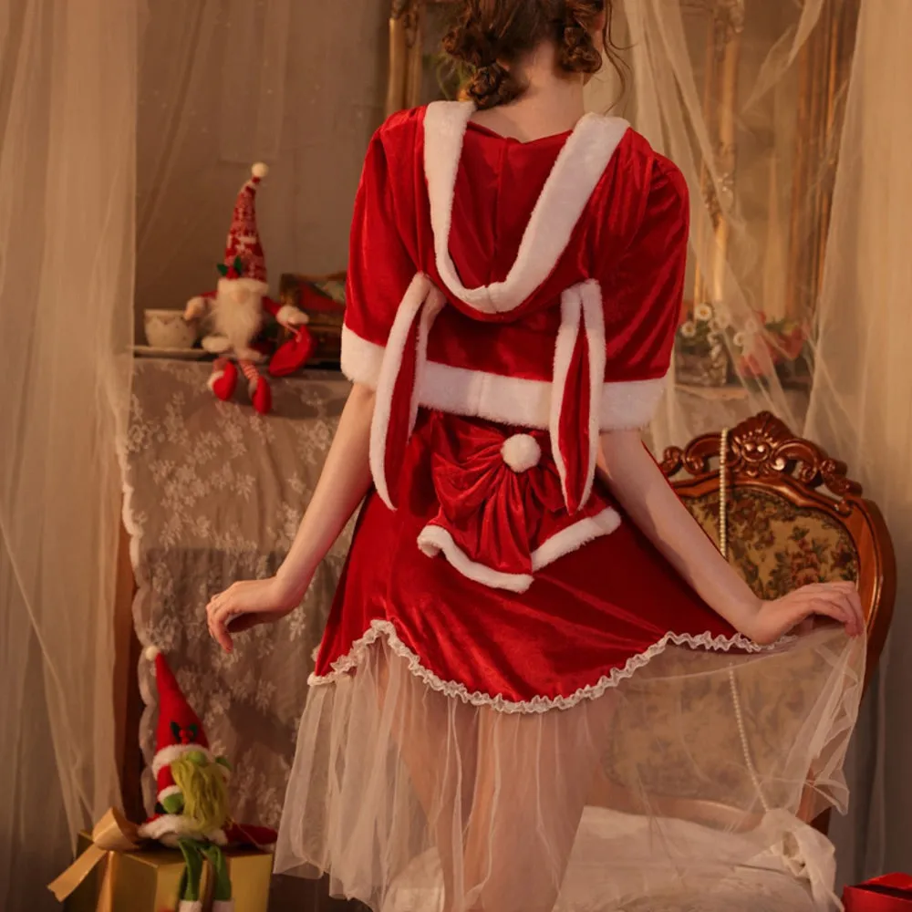 Naughty Elf Christmas Costume Santa Claus Cosplay Outfit Red Velvet Babydoll Dress and Cape