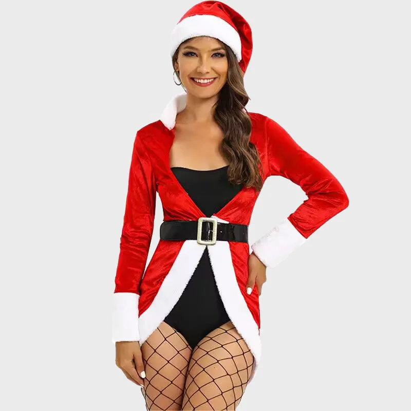 Sexy Santa Costume Women's Christmas Outfit Red Velvet Xmas Coat with Bodysuit and Hat