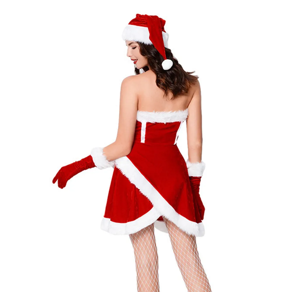 Slutty Santa Claus Costume Christmas Velvet Cosplay Outfit Furry Strapless Dress with Hat and Gloves