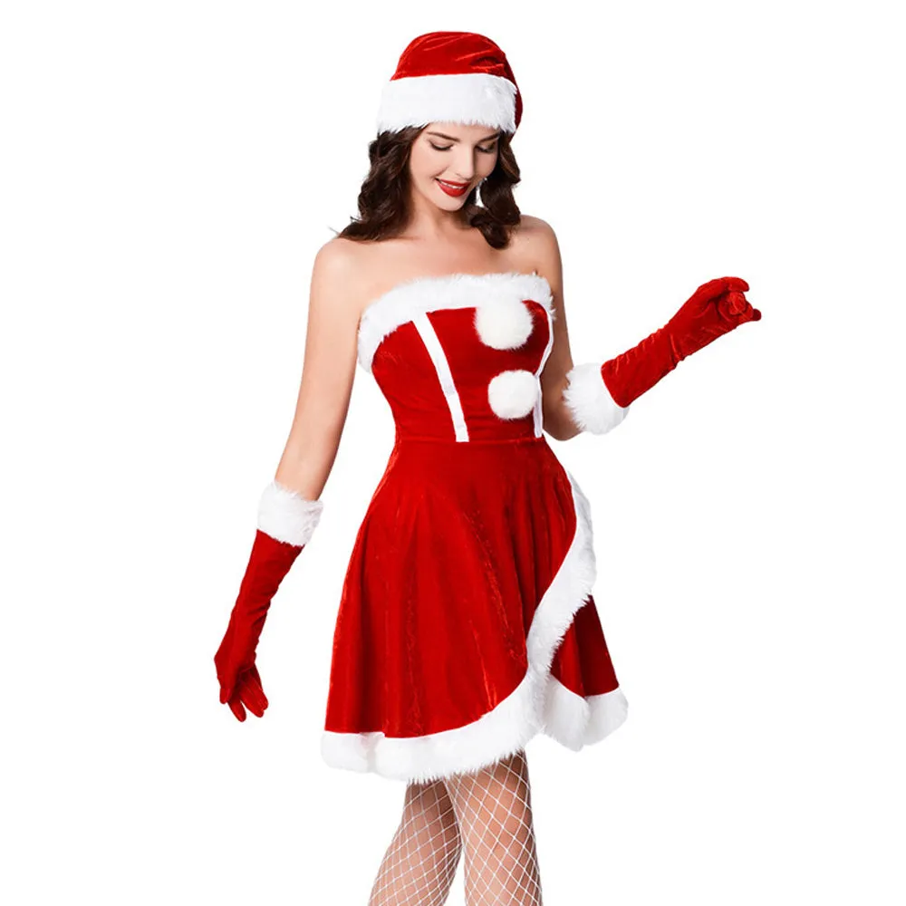 Slutty Santa Claus Costume Christmas Velvet Cosplay Outfit Furry Strapless Dress with Hat and Gloves
