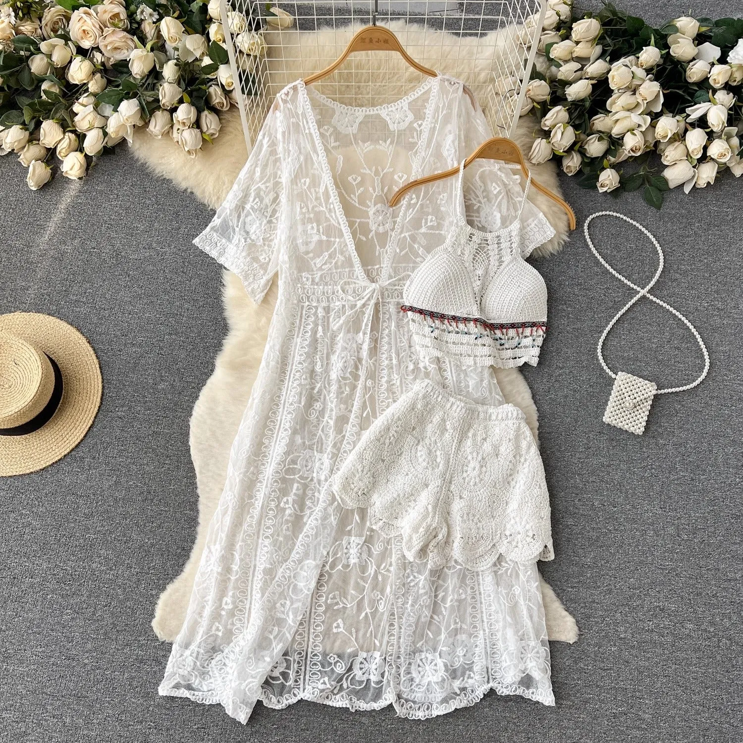 Three Piece Crochet Co-ord Beach Resort Set - Three Piece Beach Set By Sinderella