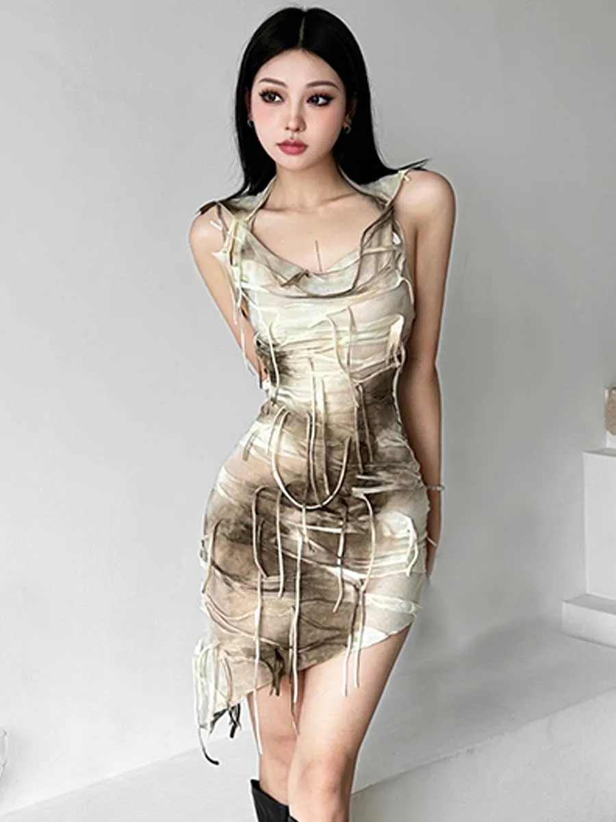 Tie Dye Fringe Hooded Mini Dress
