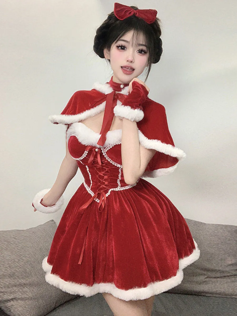 Velvet Christmas Mini Dress with Shawl