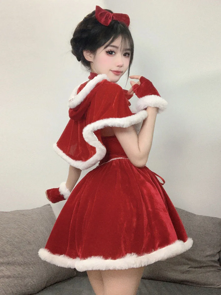 Velvet Christmas Mini Dress with Shawl