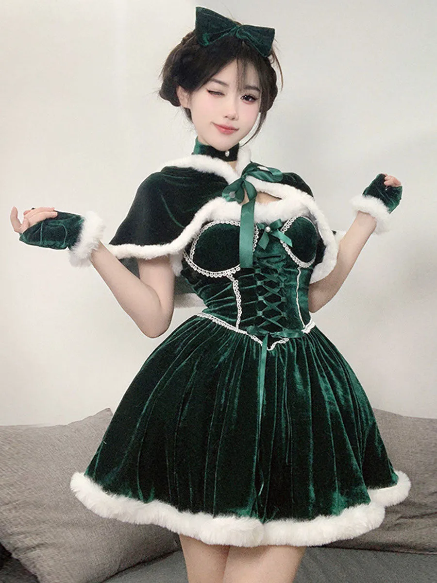 Velvet Christmas Mini Dress with Shawl