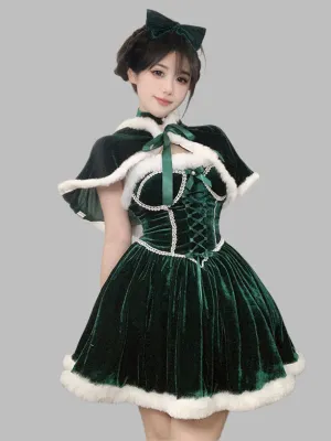 Velvet Christmas Mini Dress with Shawl