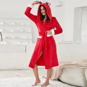 Women's Christmas Robe Reindeer Fleece Kimono Robes Animal Plush Hooded Sleepwear